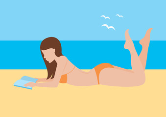 Woman relaxing at the beach vector. Girl is lying on a beach and reading a book vector. Young woman in bikini vector. Summertime woman lying on her stomach and sunbathing vector illustration
