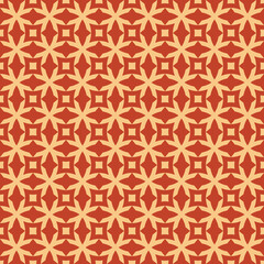 Vector geometric seamless pattern with flower shapes, crosses, squares, grid, lattice. Floral geometrical ornament. Simple red and yellow texture. Retro vintage style background. Repeat design