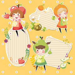label sticker with girls and fruits.EPS10 vector.