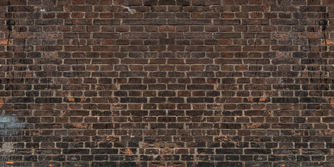 Loft exposed dirty vintage brick wall. Brown red brickwork texture banner.