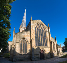 The twisted spire of the Church of St Mary and All Saints, Chesterfield, Derbyshire, UK