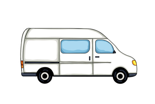 White van with black outline isolated on white background. Vector Illustration. 
