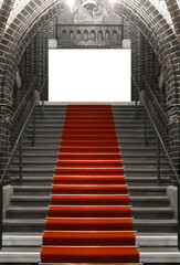 Red carpet on the stairs on a dark background. The path to glory, victory and success. Red carpet...