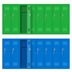Blue and Green Metal Cabinets with One Open Door. Lockers in School or Gym with Handles and Locks. Safe Box with Doors, Cupboard, and Compartment
