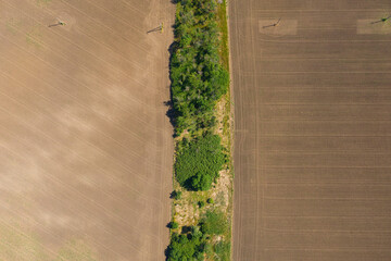Village landscape with harvest fields. Aerial view.
