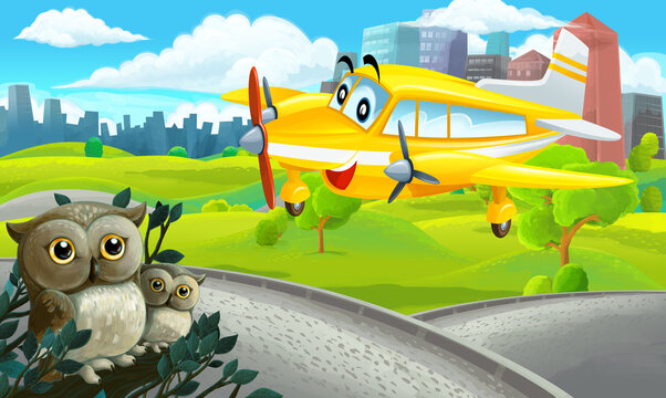 cartoon scene in park near city with plane flying and owls illustration
