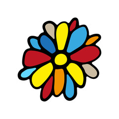 Bright multicolored flower icon. Colored contour ink silhouette. Vector flat graphic hand drawn illustration. The isolated object on a white background. Isolate.