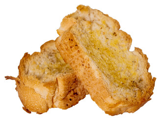 Bread slices with butter on a white background