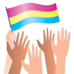 Hands with LGBTQ flags isolated on white background as homosexual protest concept, flat vector stock illustration with people hands as pride pansexual