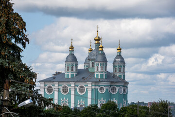 Fototapeta na wymiar vintage cathedral green on blue sky background
