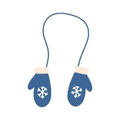 Mittens with a snowflake on an elastic band in Doodle style. An item of winter clothing. A simple, cute hand-drawn drawing. Hygge, a cozy home, comfort. Isolated on white . Color vector illustration.