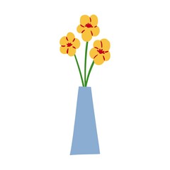 Yellow flowers in a vase. Symbol of home comfort. Hygge. A simple drawing is drawn by hand. Isolated on a white background. Color vector illustration.