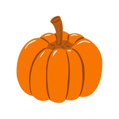 Simple pumpkin in a flat style. A ripe vegetable, a symbol of fertility, harvest, and autumn. Hand-drawn and isolated on a white background. Color vector illustration