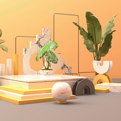 3d rendered illustration with geometric shapes. Pastel colors platforms for product presentation. tropical plant leaf pot. 