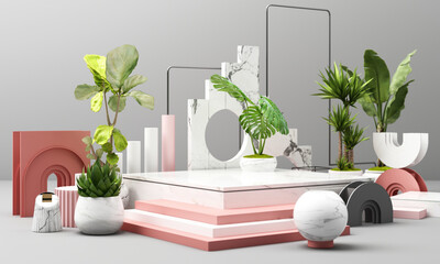 3d rendered illustration with geometric shapes. Pastel colors platforms for product presentation. tropical plant leaf pot. 