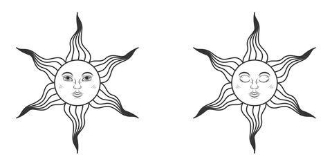 Pair of suns with open and closed eyes in medieval style isolated on white background. Vector illustration
