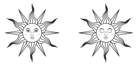 Pair of suns with open and closed eyes in medieval style isolated on white background. Vector illustration
