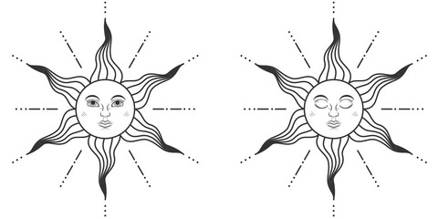 Pair of suns with open and closed eyes in medieval style isolated on white background. Vector illustration