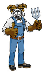 A bulldog gardener cartoon gardening animal mascot holding a garden fork tool and giving a thumbs up