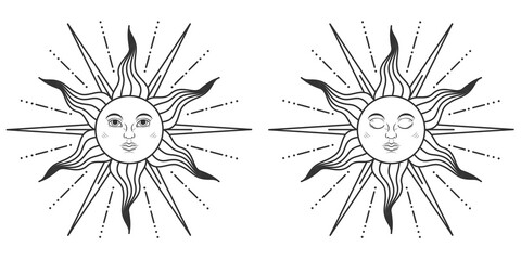Pair of suns with open and closed eyes in medieval style isolated on white background. Vector illustration