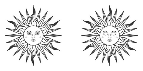Pair of suns with open and closed eyes in medieval style isolated on white background. Vector illustration