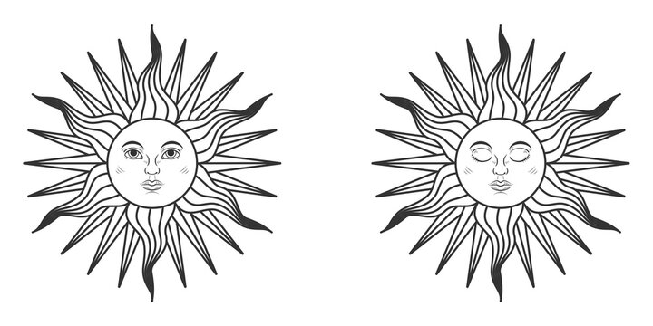 Pair of suns with open and closed eyes in medieval style isolated on white background. Vector illustration