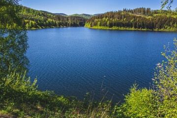 view of Granestausee reservoir and forest at Harz Mountains National Park, Germany