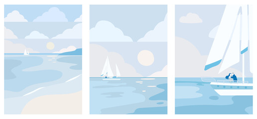 Zoom in backgrounds. Set of abstract minimalist aesthetic posters with sea landscape, couple silhouette, yacht. Trendy vector illustration for wall decoration, postcard or brochure, social media.