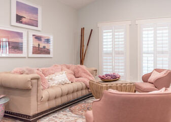 Modern, eclectic living room with pastels, Persian rug, comfy, soft, rose, 