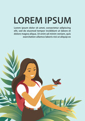 The tourist girl saw an exotic butterfly among tropical thickets. Poster with place for text. Vector isolated illustration about nature and travel.