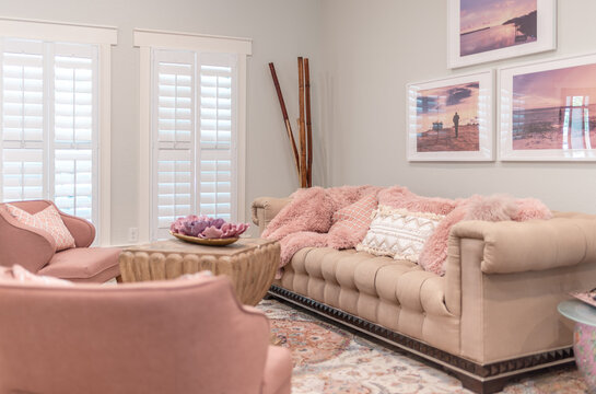 Modern Living Room With Pink, Boho Vibes, Soft Tones, Eclectic, Persian Rug