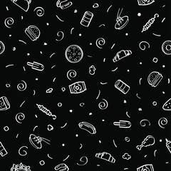 Abstract Doodle Seamless Pattern Hand Drawn Fast Food Elements Pizza Hamburger Snack Drink Croissant Sketch Vector Design Style Background Menu Illustration