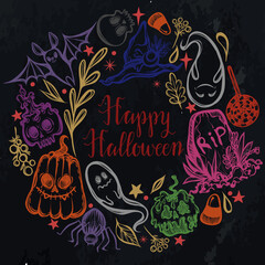 Vector illustration, Happy Halloween, ghosts, pumpkins, skulls, grave, leaves, set of different elements, prints on T-shirts, background chalkboard. Handmade
