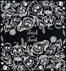 Fototapeta premium Vector illustration, Happy Halloween, pumpkins, mysticism, evil spirits,leaves, set of different elements. Handmade, prints on T-shirts, background chalkboard