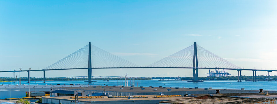 Ravenel Bridge, Seen From Downtown Charleston, With The Wando River Bridge And Wando Welch Terminal In The Background.