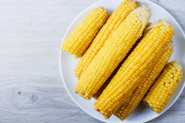 Boiled corn, top view. Cobs of sweet juicy corn. Cobs of boiled corn on a plate. Sweet corn on the table. Grain background with free space. Vegetarian food. Cereal culture.
