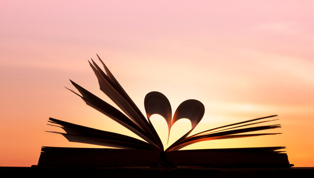 heart shaped book pages at sunset