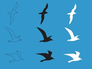 Seagulls flying in a blue sky. Cartoon Atlantic sea bird. White and black silhouettes and outline seagulls. Isolated birds for coloring, elements for decorations, mobile games, applications