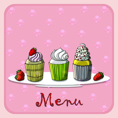 Sweet cupcakes on a plate with strawberries.