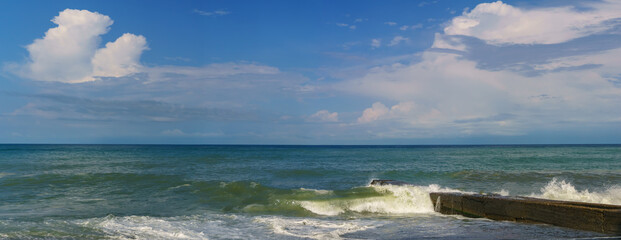 Sea wave in a storm close-up. Lots of splashes.
