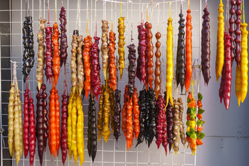 Churchkhela in bundles hangs consecrated by the sun