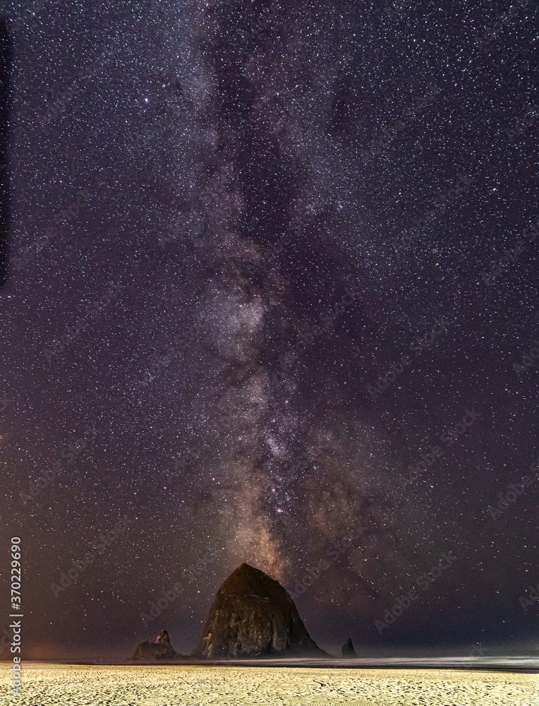 Wall mural vertical image-milky way galaxy shines in the sky above haystack rock on cannon beach in oregon