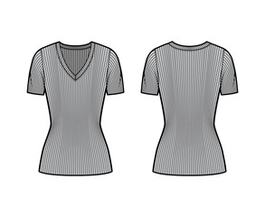 Ribbed V-neck knit sweater technical fashion illustration with short rib sleeves, tunic length. Flat outwear apparel template front, back grey color. Women, men, unisex shirt top CAD mockup