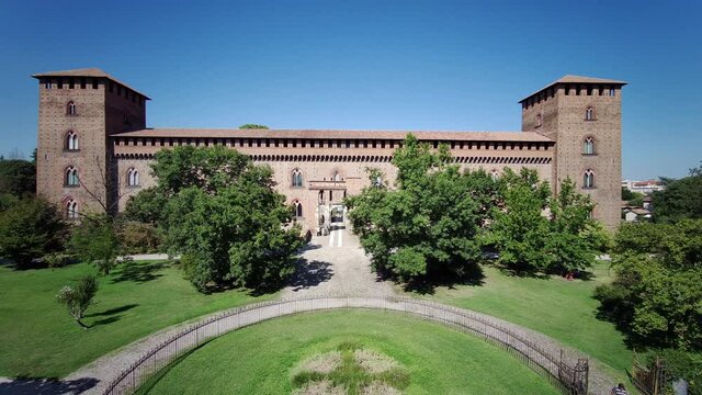 Pavia, Italy, 08/06/2020 Top view main facade of the Visconteo Castle