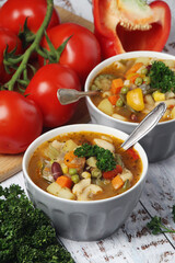 Bowls with Italian soup minestrone