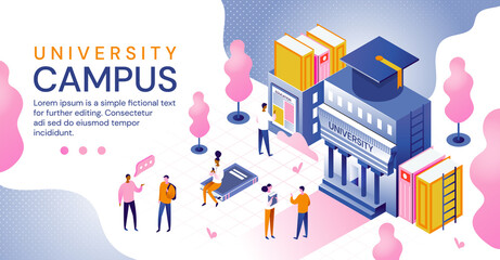 University campus in an education and higher learning concept with building, books, students and mortar board hat for graduation, colored vector illustration. Website template