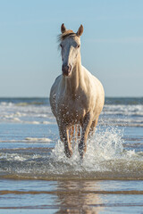 Rocky Mountain Horse galloping through the water, towards the camera. On the beach with a blue sky.