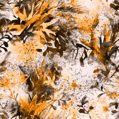Watercolor wild flowers seamless pattern. Hand drawn floral background made of herbs, stems, foliage and plants. Summer botanical ornament with grunge texture. Splashes blots and drops. Fashion design