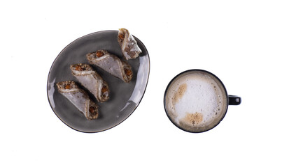 cup of coffee and cookies isolated on white background