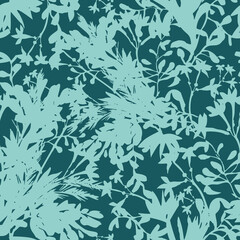 Wild flowers seamless pattern. Summer floral background made of silhouettes of herbs, stems, foliage and plants. Summer botanical ornament. Fashion design